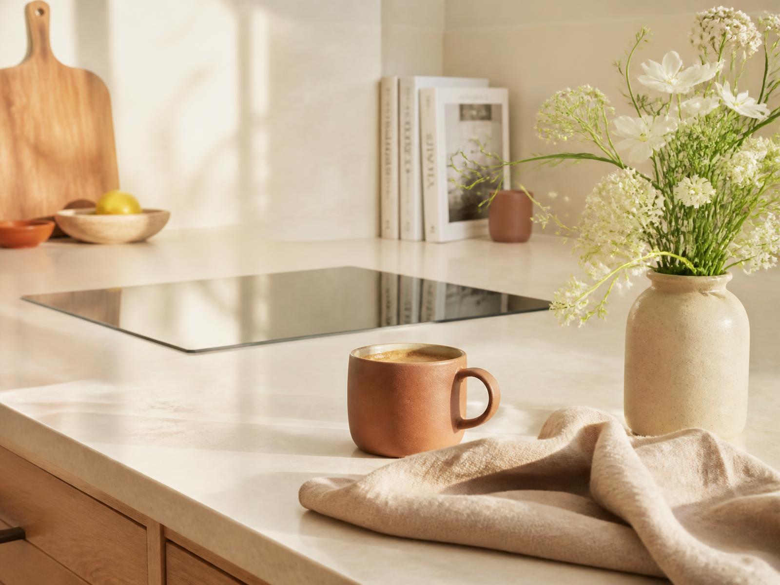 Sunlit kitchen counter with coffee, linen and fresh flowers